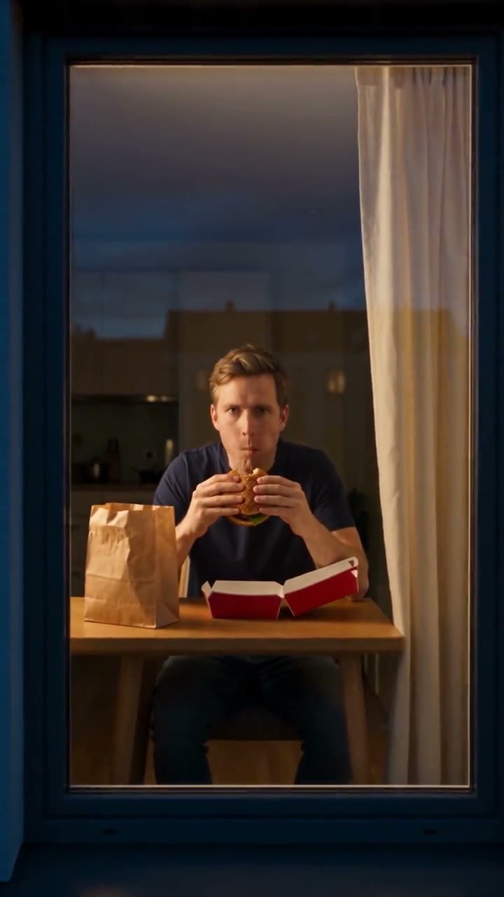 Referencia de Window Peeper: hamburguesa, mirada y cortina